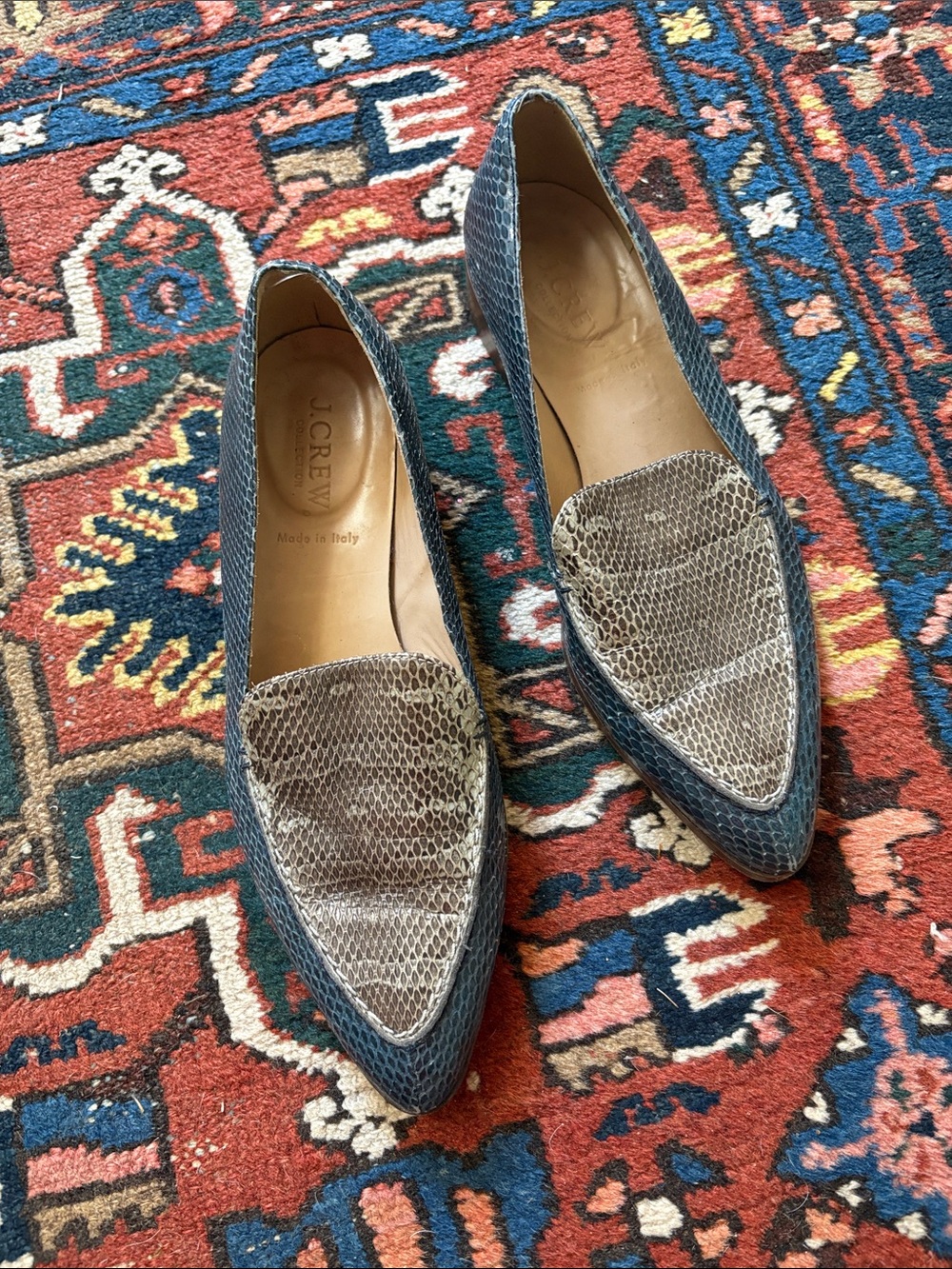 Vintage 90s classic J. Crew collection Blue Pointed Loafers Taupe Snakeskin Vamp